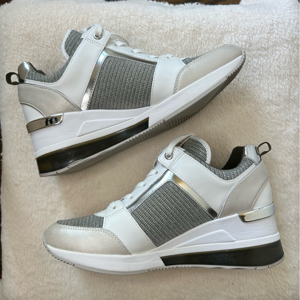 Michael Kors Tan and Silver Georgie Leather and Glitter Chain-Mesh Trainer